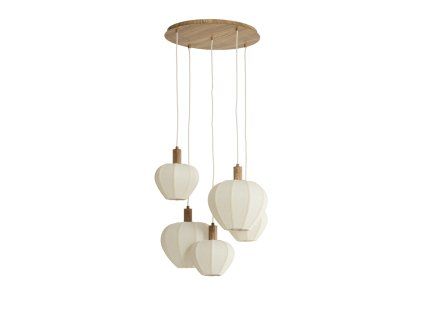 Závesná lampa 5L Ø76x140 cm HUXI potlač dreva prírodná + ľan krémová
